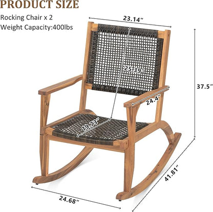 Merax 2-Piece Patio Rocking Chair Set, Acacia Wood Outdoor Rockers with PE Wicker Rattan Seat & Backrest, Comfortable Garden Porch Chairs for Backyard, Balcony, Poolside