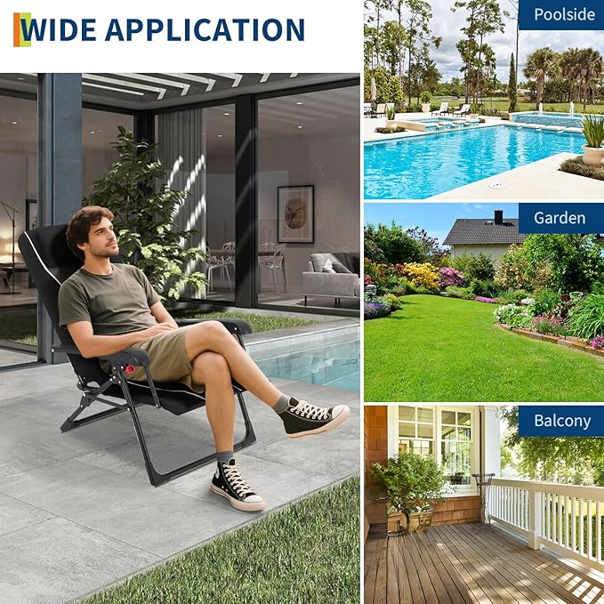 Folding Chaise Lounge Chair for Outdoor – Portable Reclining Camping Chair with Adjustable Backrest, Pillow & Breathable Fabric, Heavy-Duty 330 LBS Capacity, Sun Lounger for Beach, Patio, Garden