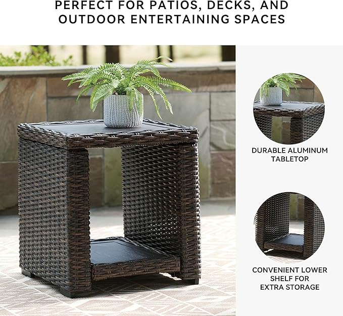 Signature Design by Ashley Grasson Lane Outdoor Rattan Square End Table with Storage, All-Weather Resin Wicker Handwoven Over Durable Aluminum Frame, Aluminum Tabletop and Shelf, 22.25" High, Brown