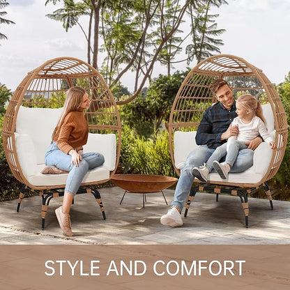 Oversized 360° Swivel Rattan Egg Chair for Adult, Indoor Outdoor Patio Large Wicker Egg Chair with Overstuffed Cushions, 440lb Weight Capacity, Natural Rattan with Beige Cushion