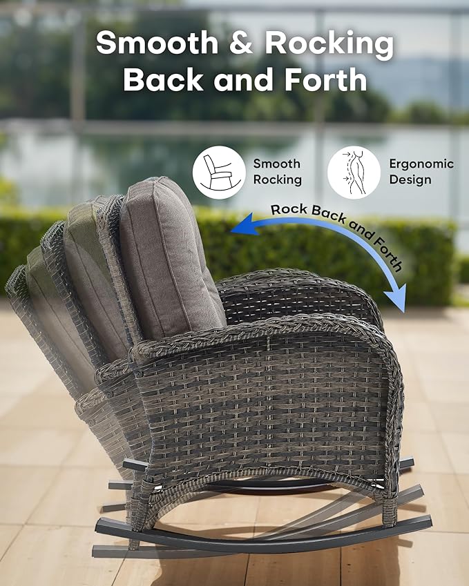 Outdoor Rocking Chairs Set of 2-Patio Table and Chairs Set Outdoor Conversation Furniture Sets for Deck Porch Garden Balcony Poolside-Brown/Grey