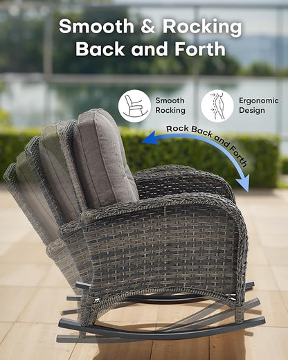 Outdoor Rocking Chairs Set of 2-Patio Table and Chairs Set Outdoor Conversation Furniture Sets for Deck Porch Garden Balcony Poolside-Brown/Grey