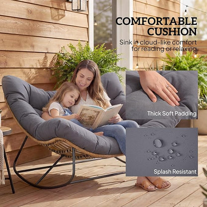 Outsunny Double Papasan Rocking Chair, Wicker Oversized Indoor Outdoor Rocking Chair with Cushion, PE Rattan Padded Outdoor Rocker Egg Chairs for Living Room, Garden, Patio, Balcony, Gray