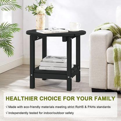 Set 2 Adirondack Outdoor Side Tables, 2-Tier Round Outdoor Table, Weather Resistant HDPE Patio End Table for Garden, Lawn, Pool, Beach, Porch, Deck, Backyard - Black