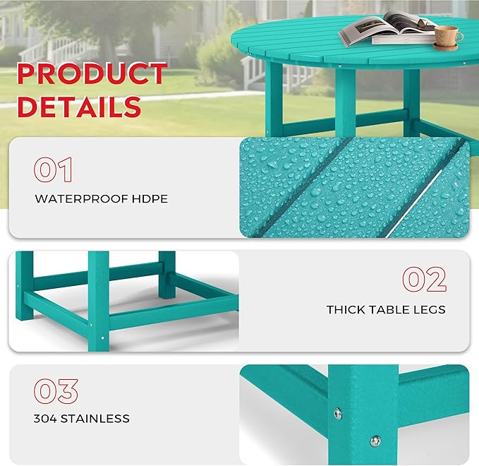 Costaelm Patio Conversation Table, Tatio Accent HDPE Outdoor Weather Resistant, Round Outdoor Porch Balcony Patio Drink Table for Outside, Pool, Backyard, Turquoise