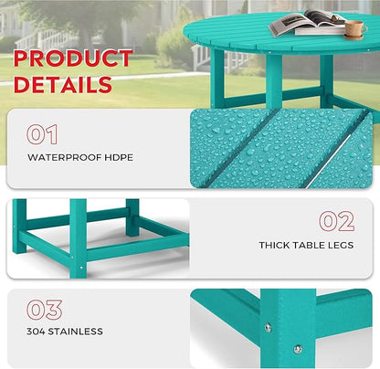 Costaelm Patio Conversation Table, Tatio Accent HDPE Outdoor Weather Resistant, Round Outdoor Porch Balcony Patio Drink Table for Outside, Pool, Backyard, Turquoise