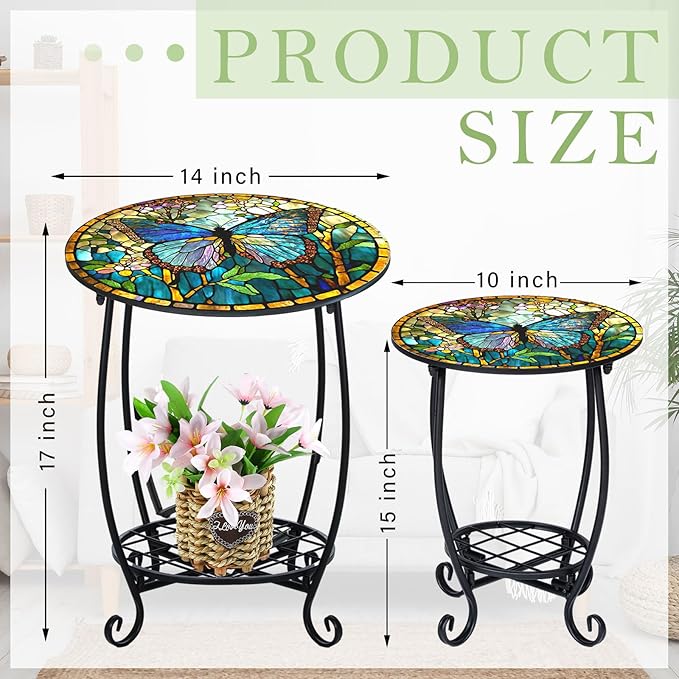 2 Pcs Outdoor Side Table Small Patio Round Mosaic Accent End Table Indoor Plant Metal Coffee Tea Tables for Patio Yard - Photo 3
