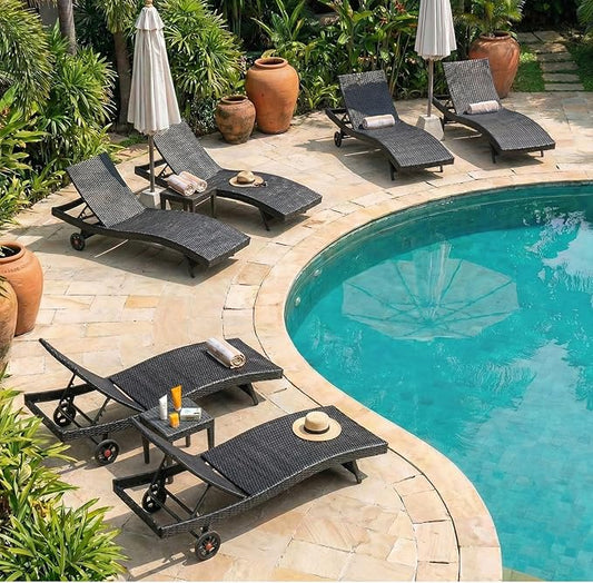 Wicker Outdoor Lounge Chairs with Rolling Wheels, Pool Lounge Chairs Set of 6, Rattan Outdoor Lounger with Pull Out Side Table, Adjustable Backrest Patio Chaise Lounges, Dark Brown