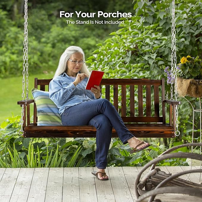 VINGLI Heavy Duty 880 LBS 5 FT Wooden Porch Swing Outdoor, Outdoor Hanging Swing Bench (5 FT, Rustic) - Photo 5