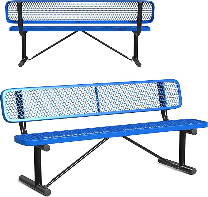 Leisure Craft Metal Outdoor Bench with Back - 6 Foot Heavy Duty Bench Seating for Garden, Porch, Picnic, Park, Expanded Metal, Thermoplastic Coating, Commercial Grade Furniture Made in USA - Blue