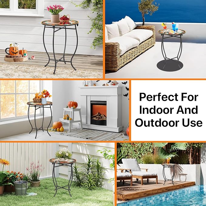 Fashion&cool Patio Side Tables, 14 Inch Weather Resistant Metal Outdoor Side Table for Halloween, Round End Table Side Table for Patio Yard Porch Balcony Garden Bedside, Plant Stand (Orange-Pumpkin)