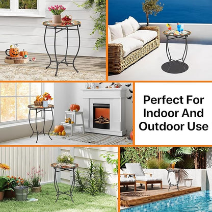 Fashion&cool Patio Side Tables, 14 Inch Weather Resistant Metal Outdoor Side Table for Halloween, Round End Table Side Table for Patio Yard Porch Balcony Garden Bedside, Plant Stand (Orange-Pumpkin)