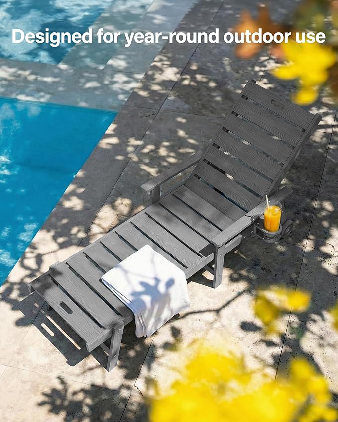 YEFU Lounge Chair Outdoor Set of 4: Outdoor Chaise Lounge with 5-Level Adjustable Backrest, Cup Holders & Wheels, All-Weather Resistance Chaise Lounge for Outside/Patio/Beach/Deck, Grey