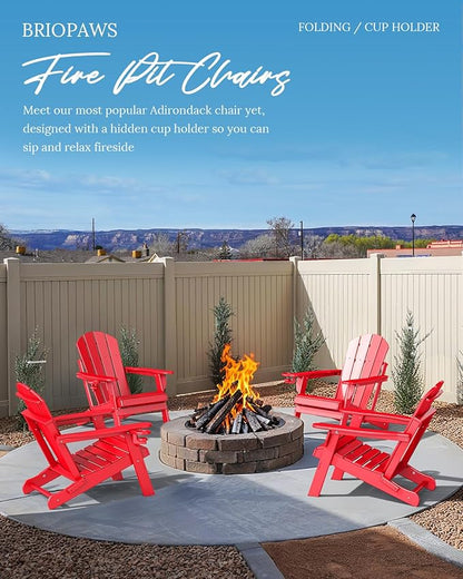 BRIOPAWS Folding-Adirondack-Chairs Set of 2 | HDPE | Fire Pit Chair | Cup Holder | Weather Resistance | Red | for Outdoor Backyard Deck Patio