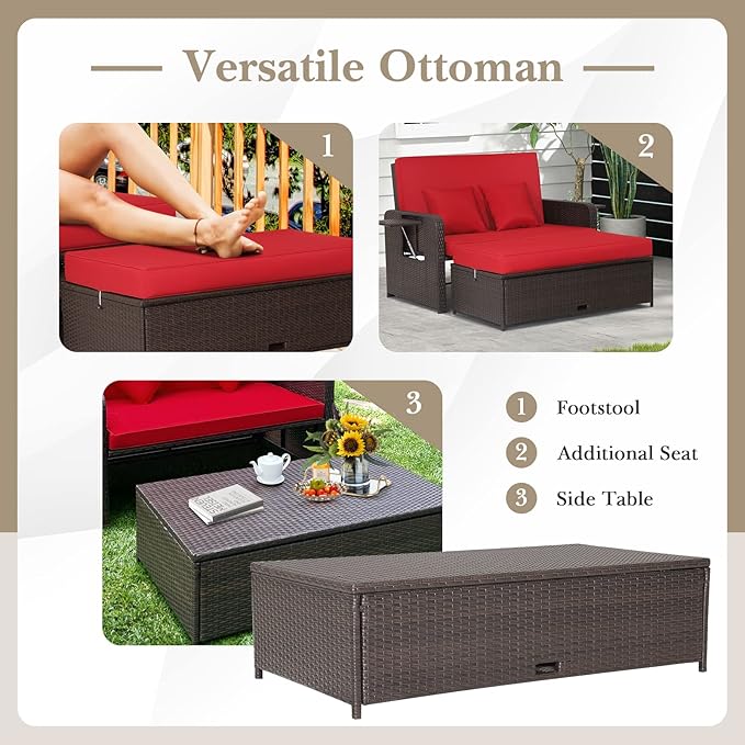 COSTWAY Patio Rattan Daybed with Cushions, Outdoor Wicker Loveseat Sofa with Storage Ottoman - Photo 8