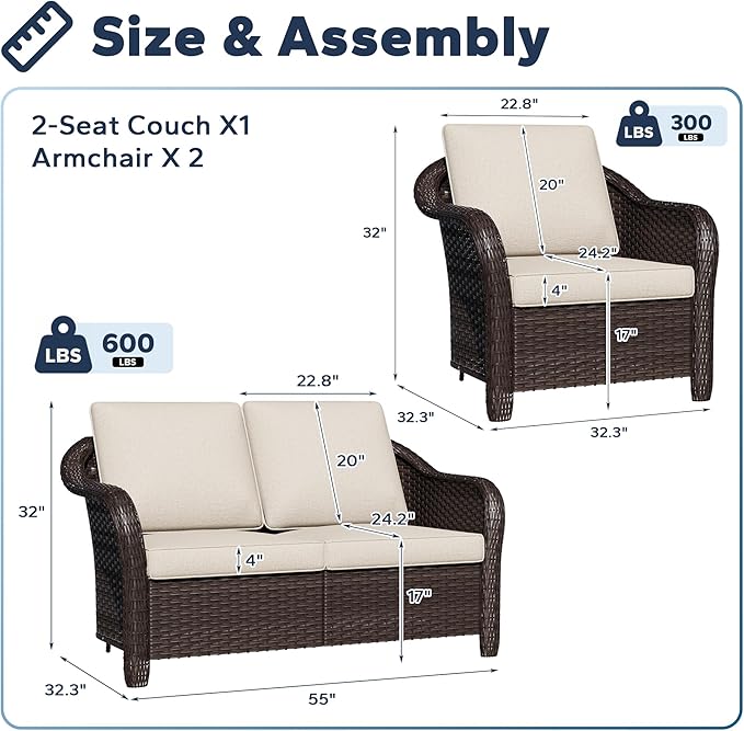 3 Pieces Outdoor Patio Conversation Set, 55" Couch, 2 Chairs - Photo 2