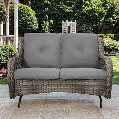 Patio Loveseat Glider Set, Resin Wicker Loveseat Glider with 4 Swivel Patio Chiars Rectangular Firepit Table, 7 Piece Patio Conversation Loveseat Set, Grey Wicker|Grey Cushions