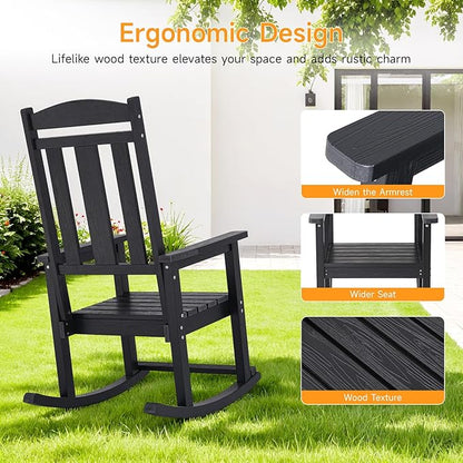Outdoor Rocking Chair, Patio Rocking Chairs with High Back and Armrest, All Weather Oversized Porch Rocking Chairs 400 lbs Support, Black Rocking Chair with Headrest Footrest for Porch Backyard Garden