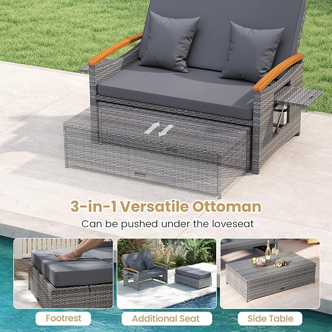 Tangkula Patio Rattan Daybed with 4-Level Adjustable Backrest, Outdoor Wicker Loveseat with Acacia Wood Armrest - Photo 6