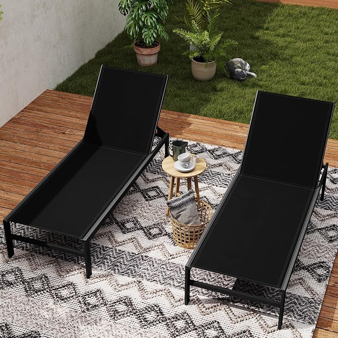 HAPPYGRILL Aluminum Chaise Lounge Chair, Heavy-Duty Patio Recliner W/ 6-Level Backrest & Breathable Fabric, Outdoor Lightweight Reclining Lounge Chair for Backyard, Poolside, Porch (1, Black)