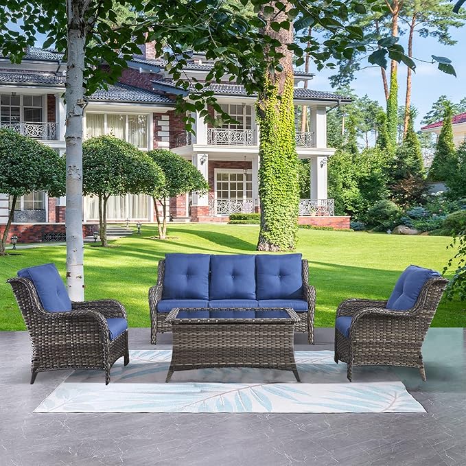 HUMMUH Outdoor Furniture 4 Pieces Patio Furniture Set Wicker Outdoor Sectional Sofa with 2 Patio Chairs,Coffee Table(Grey/Blue)