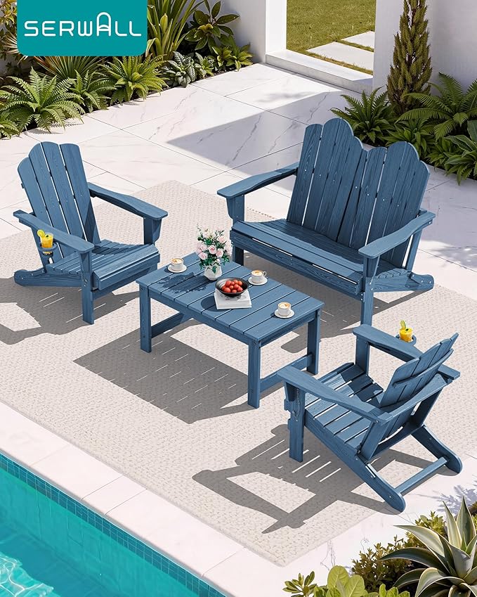 SERWALL 4 Pieces HDPE Patio Adirondack Chair Set, 2 Adirondack Chair with Cup Holder & 1 Adirondack Bench & 1 Coffee Table with Umbrella Hole, Navy