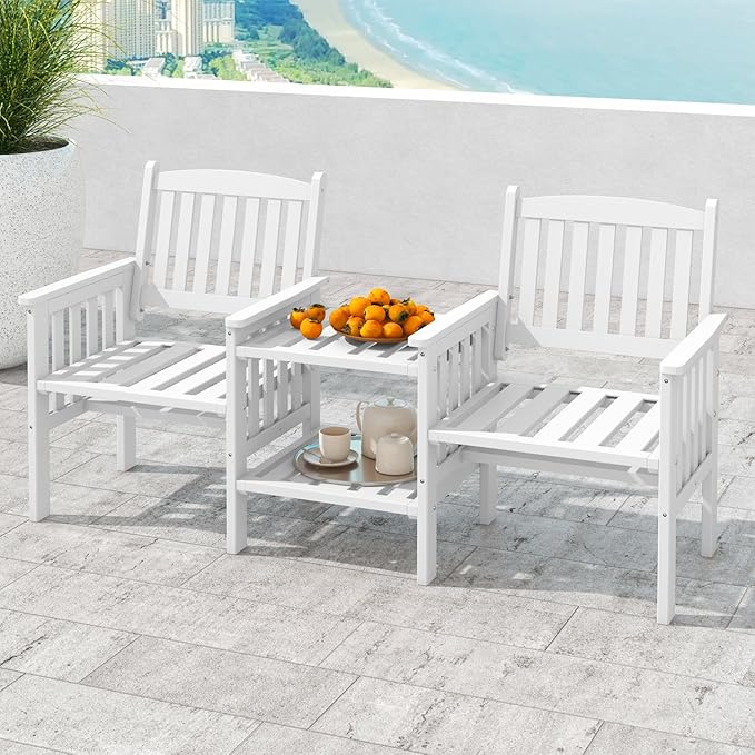 Tangkula Outdoor Wood Loveseat with 2-Tier Side Table and Umbrella Hole - Photo 3