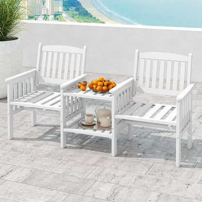Tangkula Outdoor Wood Loveseat with 2-Tier Side Table and Umbrella Hole, 2-Seater Patio Garden Bench with Armrests and Slatted Seats, Outdoor Table and Chairs Set for Porch and Balcony
