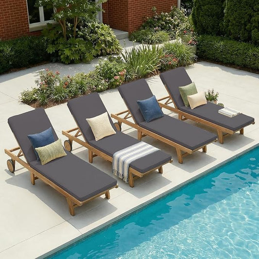 Patiorama Patio Acacia Wood Chaise Lounge Set of 4, Outdoor Folding Lounge Chair Recliner w/Adjustable Backrest, Wheels,Padded Cushion, Portable Sun Lounger Pool Chair for Deck,FSC Certified,Dark Grey