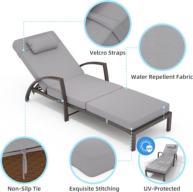 Garvee Chaise Lounge Outdoor Set of 2, PE Rattan Wicker Pool Lounge Chairs with 5-Level Adjustable Backrest - Photo 5
