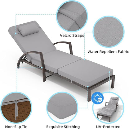 Chaise Lounge Chairs Set of 2 for Outdoor, Adjustable 5 Position PE Rattan Wicker Patio Pool Lounge Chair with Arm, Cushion, Pillow and Wheels for Backyard, Poolside, Deck