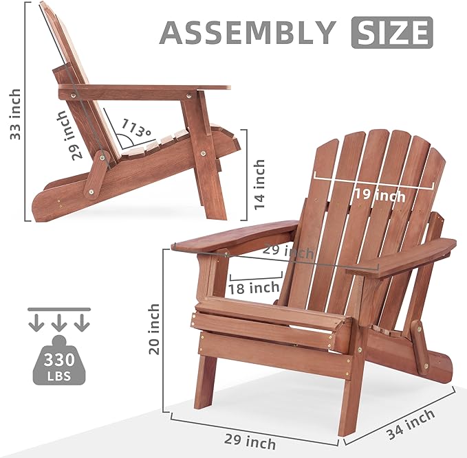 Oversize Wooden Outdoor Folding Adirondack Chair with Pre-Assembled BackRest & SeatBoard, Wood Patio Chair for Garden Backyard Porch Pool Deck Firepit