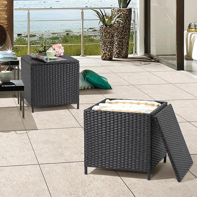 Verano Garden Outdoor Wicker Side Table Set of 2, Small Storage Rattan Wicker End Table, Square Resin Coffee Table for Garden Porch Deck Living Room Backyard