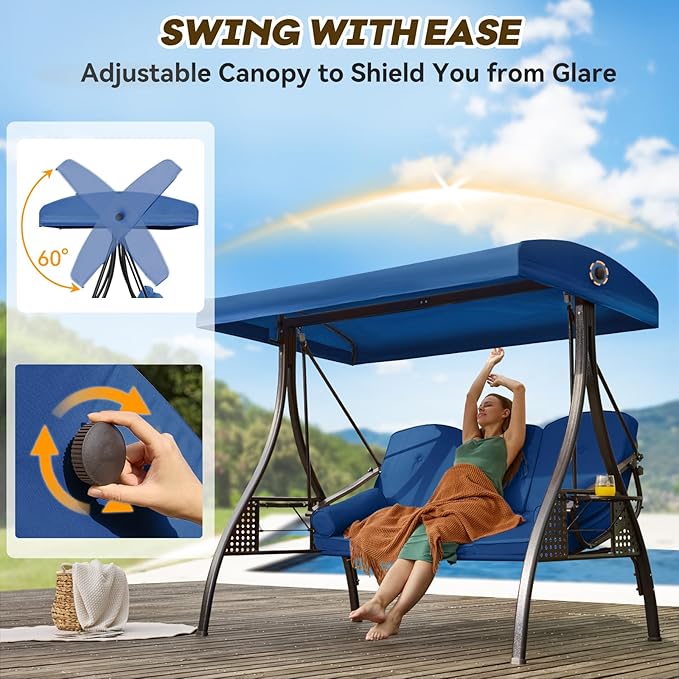3 in 1 Outdoor Porch Swing with Adjustable Canopy, 3 Seat Outdoor Swing for Adults - Photo 4