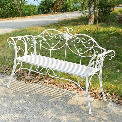 White Retro Metal Garden Bench, 2-Seater Loveseat with Curved Backrest & Armrests, Durable Outdoor Seating for Park, Yard, Porch, Lawn, Backyard - Max Load 250kg