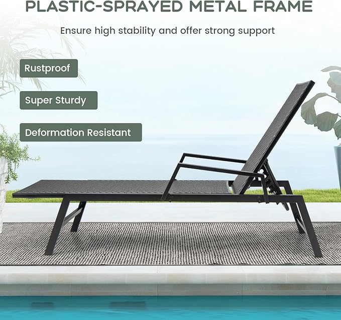 Tangkula Outdoor Rattan Chaise Lounge, Woven PE Wicker Reclining Chair with Armrests & 5-Position Backrest, Heavy-Duty Metal Frame, Patio Recliner Lounge for Porch, Backyard (1, Brown)