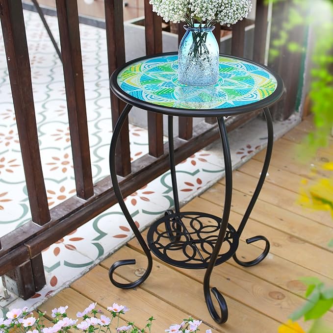 HONGLAND Mosaic Outdoor Side Table, 14" Round Patio Side Table, Mosaic Plant Stand, End Table W/Storage Shelf, Small Bistro Coffee Table for Garden Yard Porch Living Room(Green)