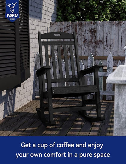 YEFU Outdoor Rocking Chair Porch: Outdoor Patio Rocking Chairs-Oversized Rocker Chair-All Weather Poly Rocker Lawn Chairs for Adult-Seat Area 22"x21"-Backrest Height 31"-380lbs Weight Capacity-Black