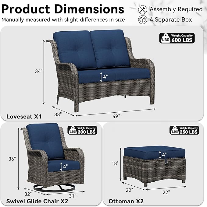 5 Piece Outdoor Wicker Patio Furniture Set, Outdoor Swivel Rocker Patio Chairs Set with Thickened Olefin Cushions, High Back and Deep Seating, Hand-Woven PE Rattan for Porch, Deck