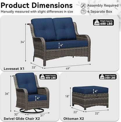 5 Piece Outdoor Wicker Patio Furniture Set, Outdoor Swivel Rocker Patio Chairs Set with Thickened Olefin Cushions, High Back and Deep Seating, Hand-Woven PE Rattan for Porch, Deck