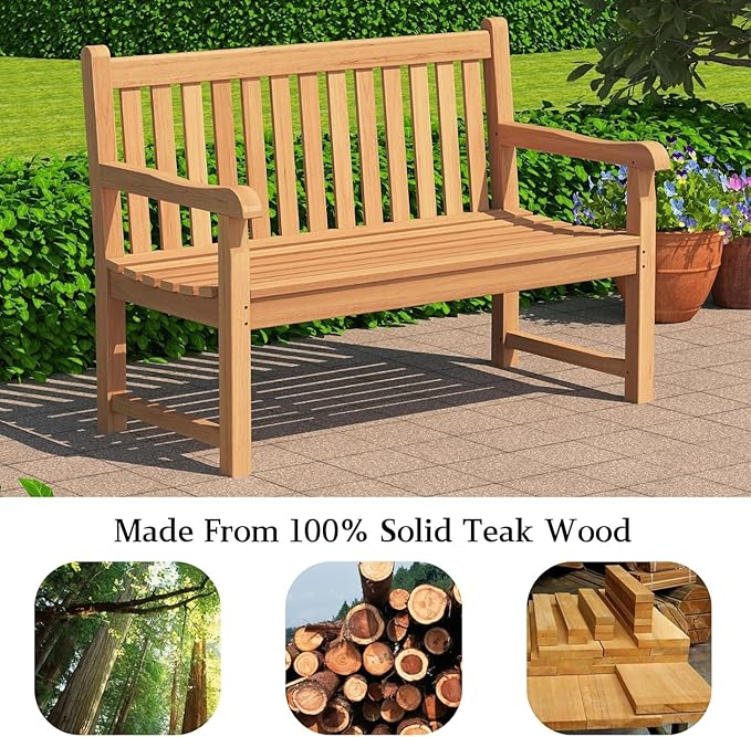 Outdoor Teak Bench, Park Bench for 2 People, Ergonomic Patio Seating, Weather-Resistant and Durable Design, Perfect for Yard, Poolside, or Porch