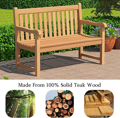Outdoor Teak Bench, Park Bench for 2 People, Ergonomic Patio Seating, Weather-Resistant and Durable Design, Perfect for Yard, Poolside, or Porch
