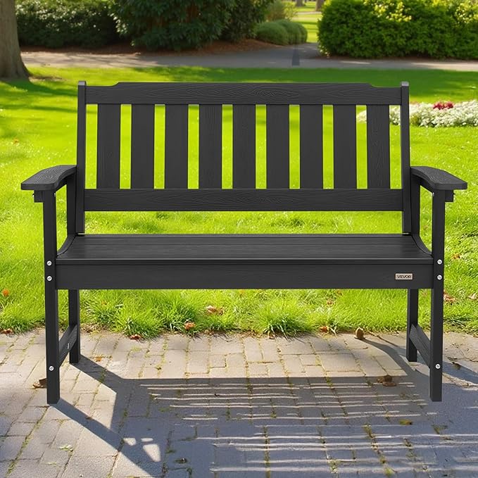 VEVOR Outdoor Bench, 50.5 inch, 800 lbs Weight Capacity for 2-3 Persons, Weatherproof Plastic Frame with Backrest and Wide Armrests, Outside Bench for Patio, Garden, Park, Yard, Front Porch, Black