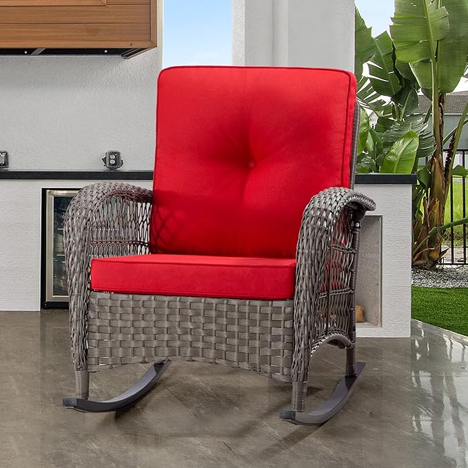 Patio Rocking Chair - Outdoor Rocker Chair with Safe Rocking Design, Metal Frame All Weather Wicker and Premium Fabric Cushions (Mixed Brown/Red)