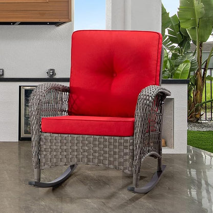 Patio Rocking Chair - Outdoor Rocker Chair with Safe Rocking Design, Metal Frame All Weather Wicker and Premium Fabric Cushions (Mixed Brown/Red)