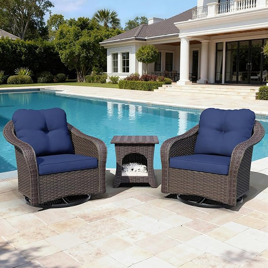 Wicker Swivel Rocking Chairs Set 2 with Storage Side Table - Outdoor Brown Wicker Swivel Glider Chair Outdoor Rocking Chair with Water-Resistant Cushions, Blue