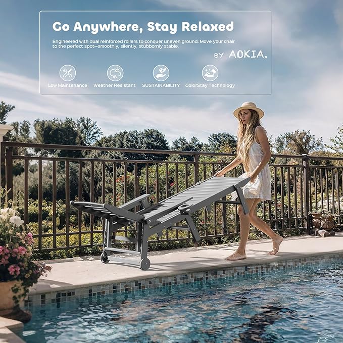 Aokia Pool Lounge Chairs,Chaise Lounge Chair Outdoor with Wheels & Cupholder | Oversize HDPE 6-Position Outdoor Chairs for Patio, Lawn, Garden, Poolside (Grey)