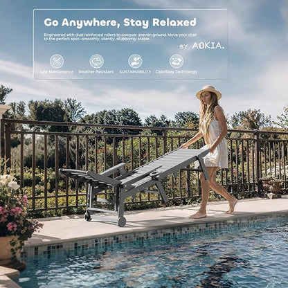 Aokia Pool Lounge Chairs,Chaise Lounge Chair Outdoor with Wheels & Cupholder | Oversize HDPE 6-Position Outdoor Chairs for Patio, Lawn, Garden, Poolside (Grey)