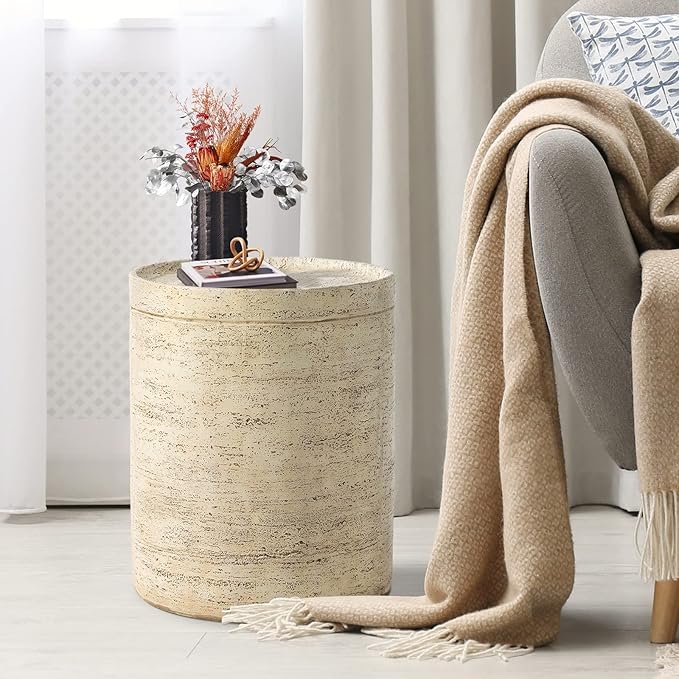 HOMPUS Round Outdoor Side Table, Rustic Modern Vintage Patio End Table, Weathered Stone Small Outdoor Accent for Indoor Outdoor Use, Patio, Garden, Cream