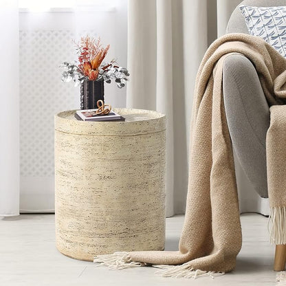 HOMPUS Round Outdoor Side Table, Rustic Modern Vintage Patio End Table, Weathered Stone Small Outdoor Accent for Indoor Outdoor Use, Patio, Garden, Cream